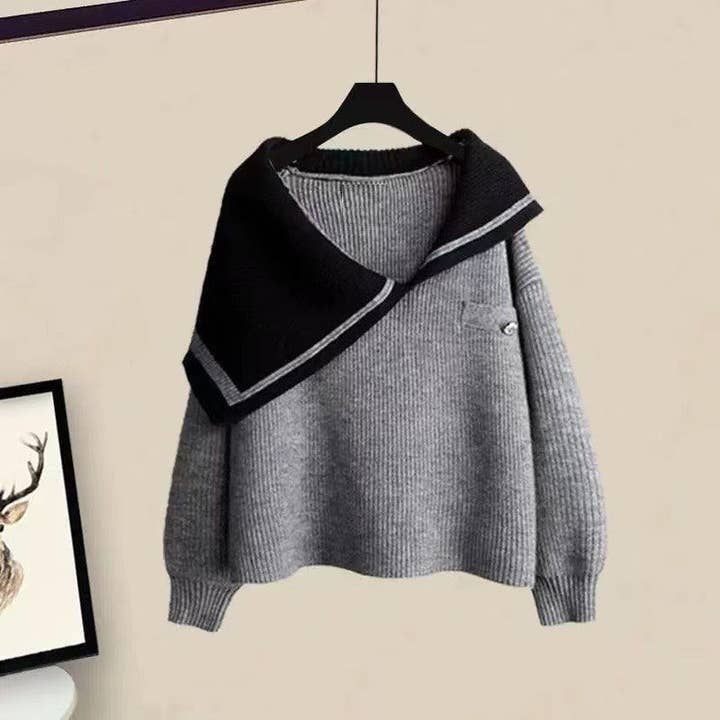 UZ Wholesale Store - Wholesale Knit Sweater - Women's - Fashionable Color-Block Sweater With Oversized Collar