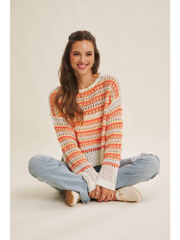 in february - Wholesale Knit Sweater - Women's - BRIGHT VIBRANT MULTI STRIPE LOOSE FIT CROCHET SWEATER TOP