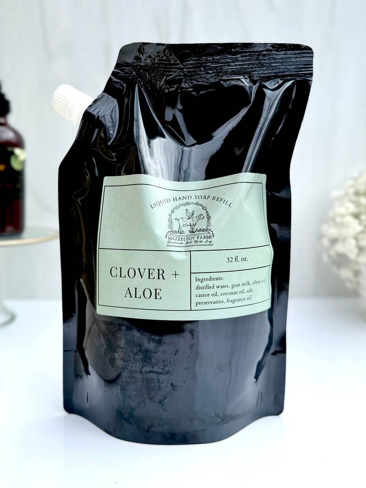 Clover + Aloe - Recharge de savon liquide pour les mains 32oz pour la vente par Mazzeltov Farms Soap Co.