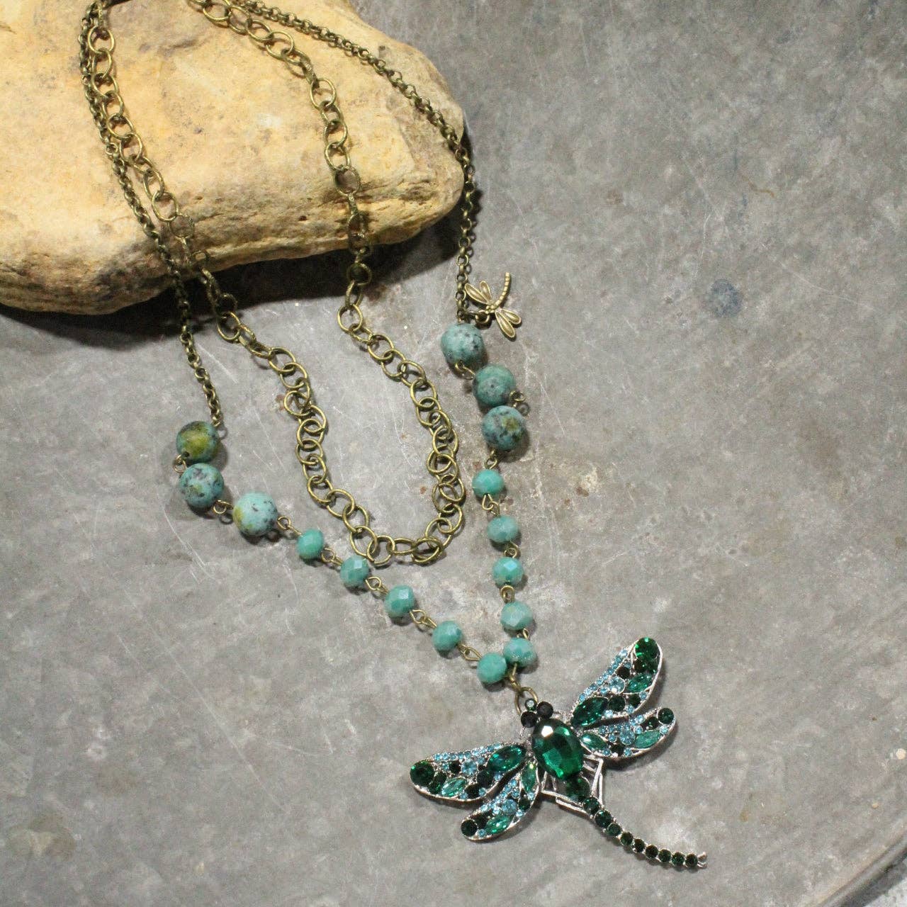 The Primitive Peddler, Inc. - Wholesale Pendant/Charm Necklace - Silent Whispers Dragonfly Bling Shades Of Green Layered Necklace6