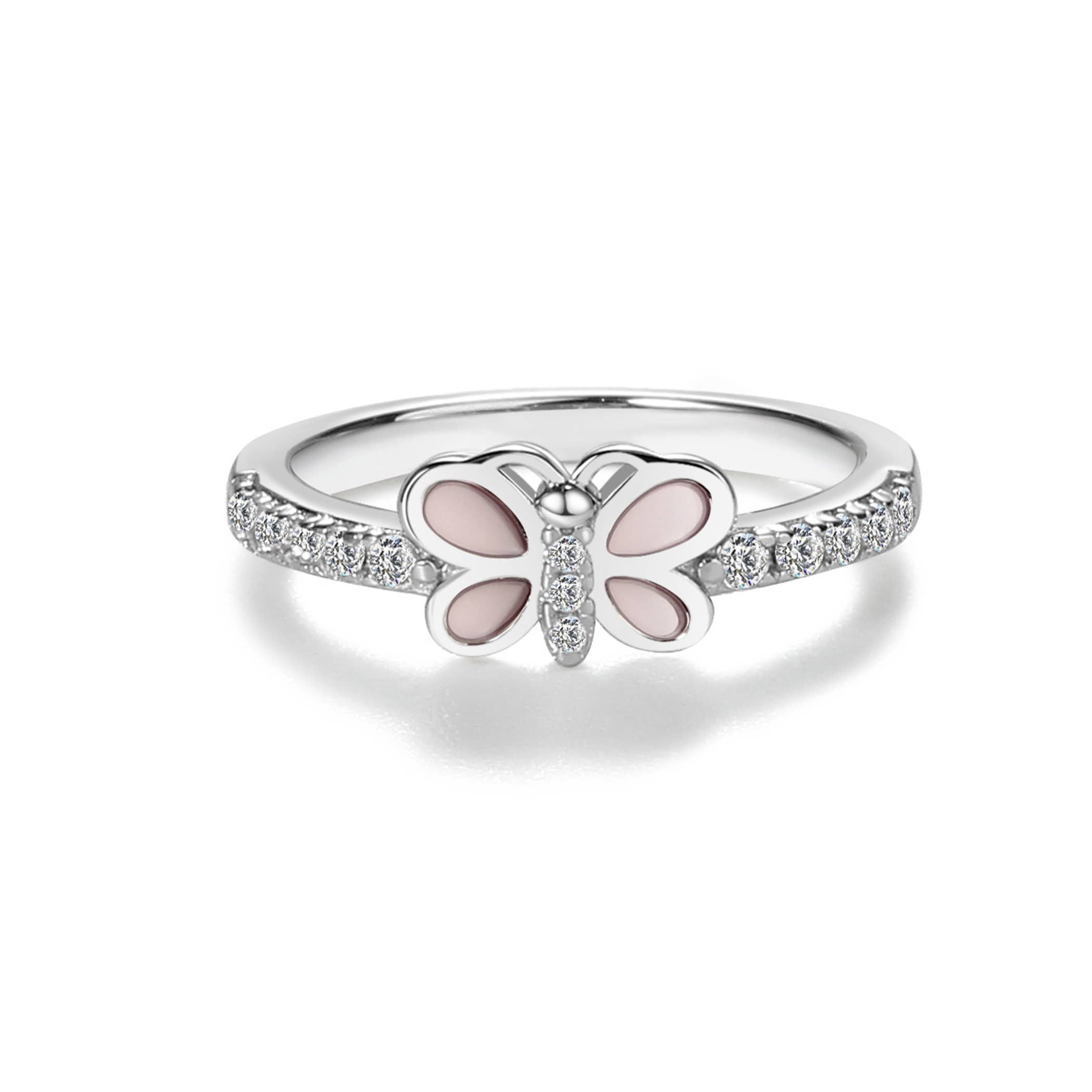 Cherished Moments - Wholesale Band/Stacked Ring - Kids Sterling Silver Pink Butterfly Baby Ring with CZs