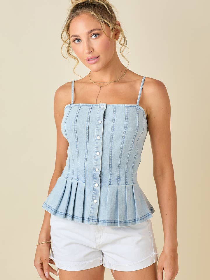 Pleated peplum style denim camisole top for wholesale on Faire12