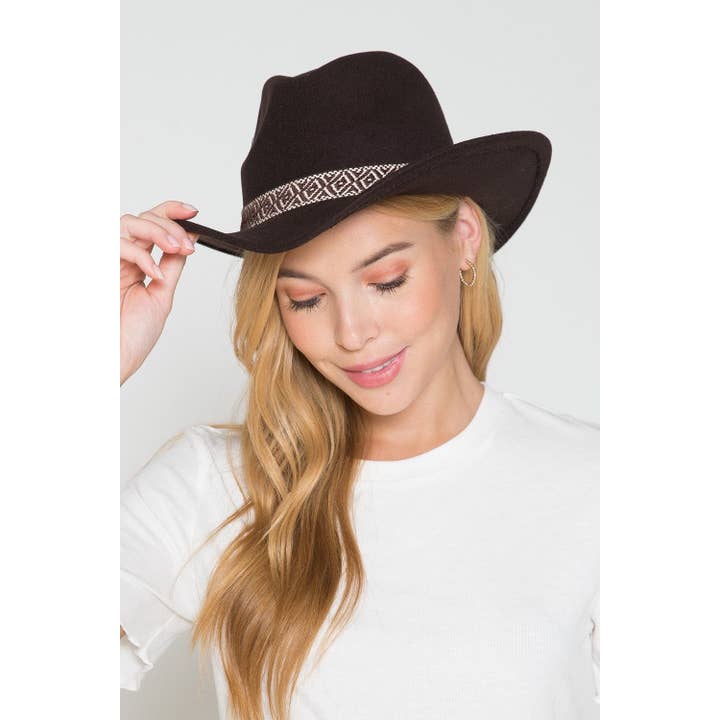 JOSSLYN by wall to wall - Wholesale Fedora - Women's - A VINTAGE CLASSIC COW BOY HAT WITH AZTEC TRIM | 40HW3131
