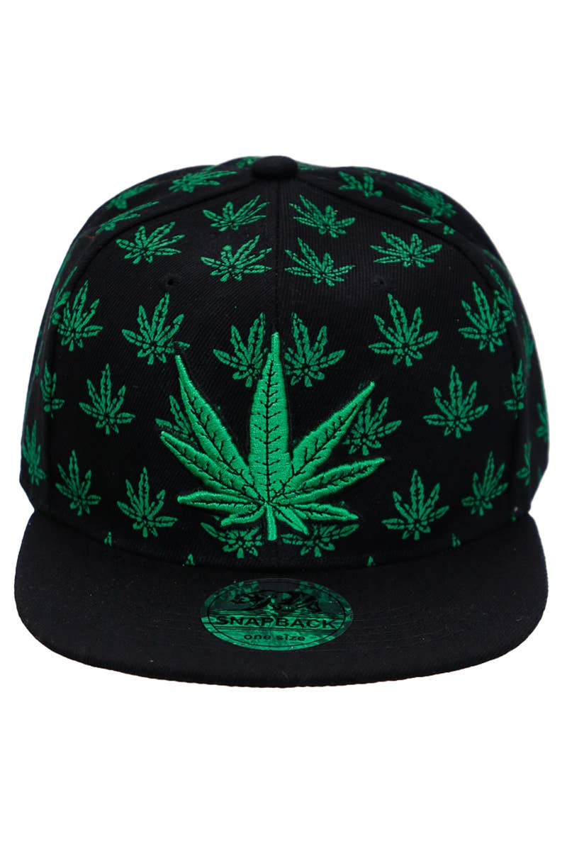Cap Zone - Vendita all'ingrosso Cappellino con visiera piatta - Unisex - Snapback a sei pannelli in twill acrilico con stampa di foglie di marijuana1