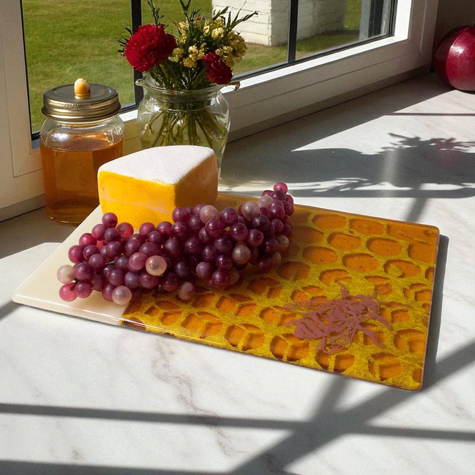 Kiku Handmade | Contemporary Fused Glass Home Goods - Wholesale Cheese Board - Honeybee 7x11" Fused Glass Cheese Plate1