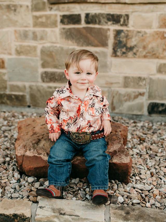 Traveling Cowboy LS Pearl Snap Onesie, Size 0-18M for wholesale by Shea Baby