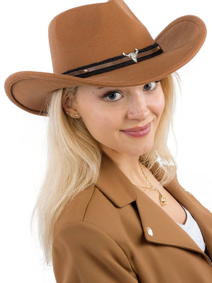 Buffalo Skull Belt Tycoon Retro Faux Wool Felt Cowboy Hat for wholesale by Cap Zone