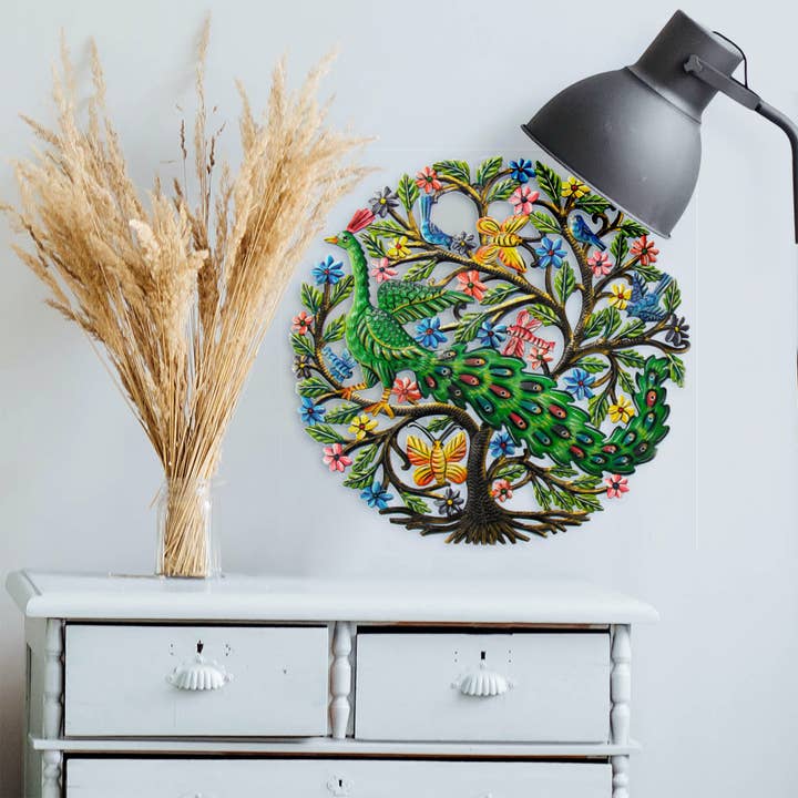 Global Crafts - Wholesale Wall Accent - Peacock in Tree Painted Haitian Metal Drum Wall Art1