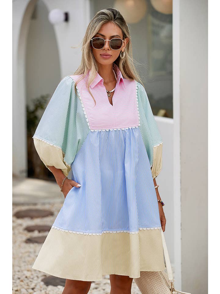 Multi Colored LDC Striped Patchwork Ric Rac Puff Sleeve Collared Dress for wholesale on Faire