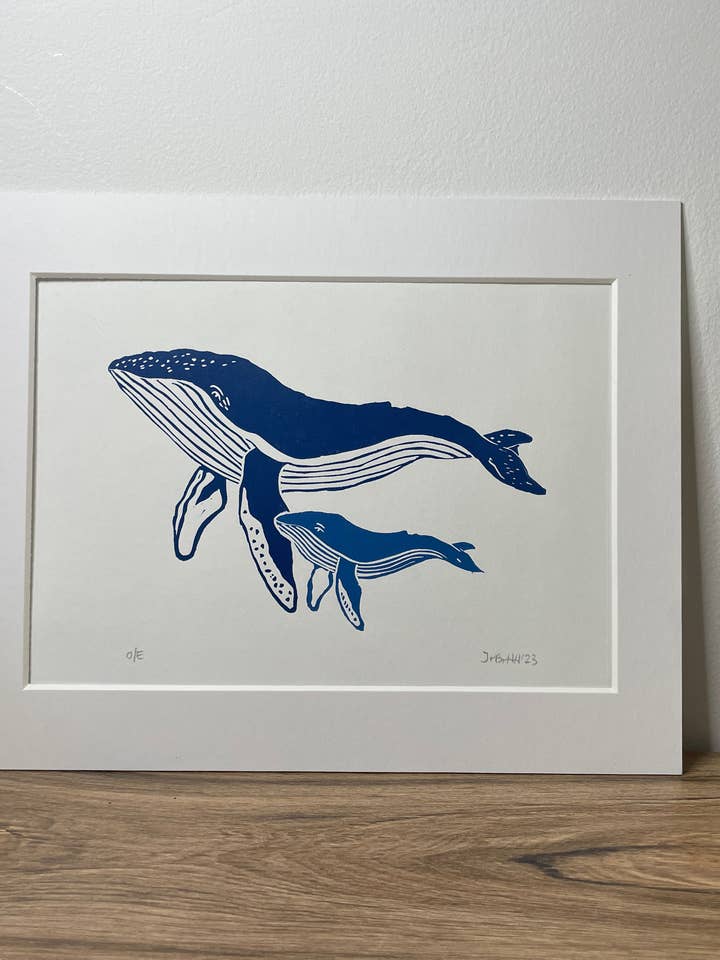 Humpback Whale and Calf Linocut Print for wholesale by Jackdaw and Bear