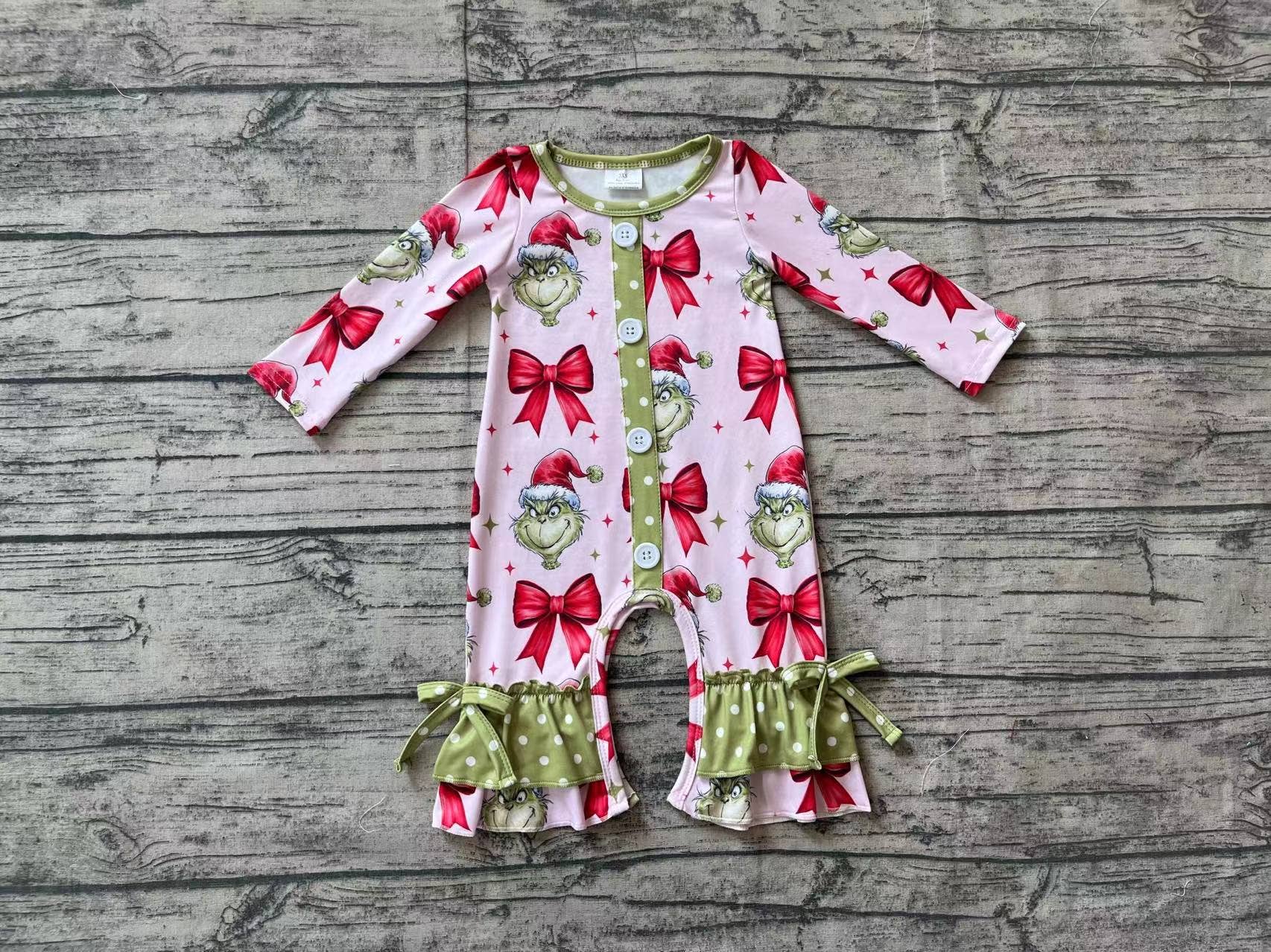 Aier Wholesale - Wholesale Jumpsuit - Baby - Baby Infant Girls Christmas Green Face Bows Buttons Rompers1