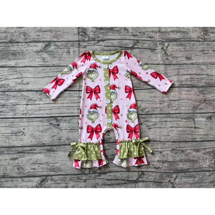 Aier Wholesale - Wholesale Jumpsuit - Baby - Baby Infant Girls Christmas Green Face Bows Buttons Rompers1