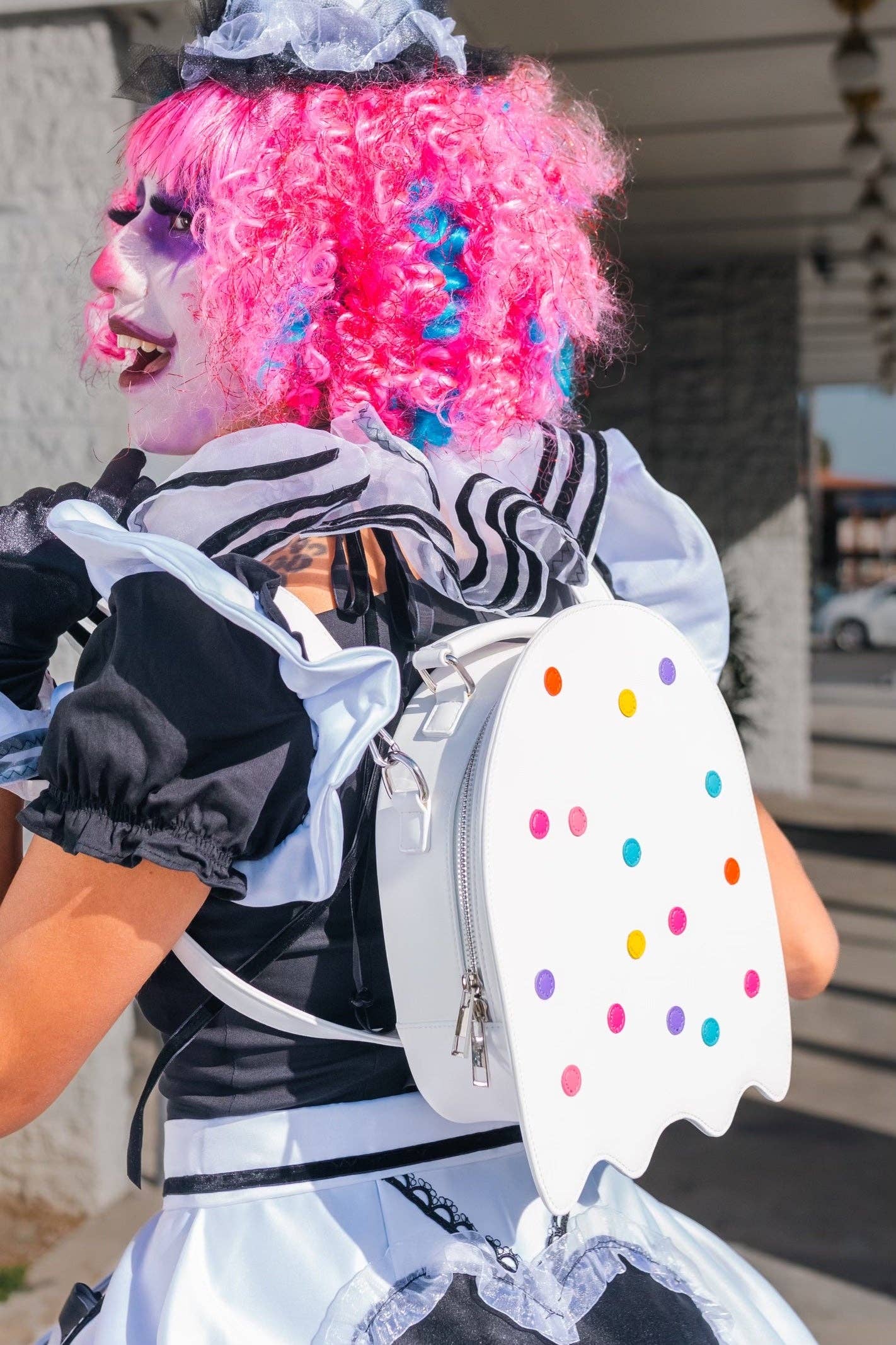 Weasel Wear - Wholesale Crossbody Bag - Women's - Circus Cookie Ghost Convertible Bag - White Vegan Leather Ghost Purse with Rainbow Sprinkles (Spooky Nostalgia Edition)3