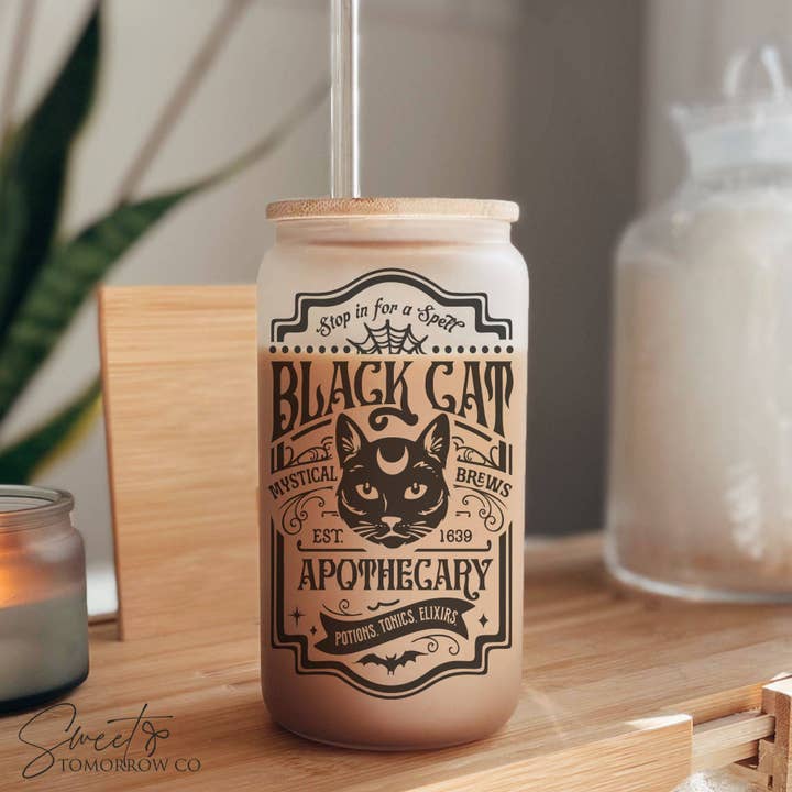 Black Cat Apothecary Mystical Brew Glass Spooky Libbey Cup for wholesale by Cataleya Designs Studio LLC