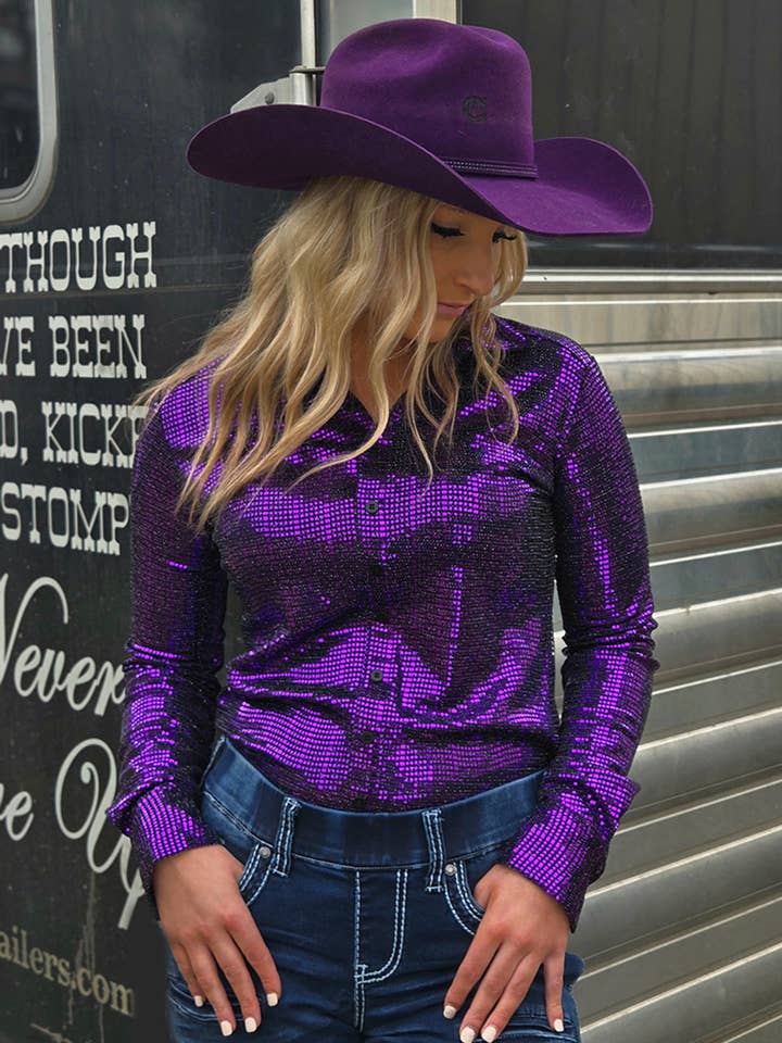 Pullover Button Up with Purple Metallic Foil Stretch for wholesale by Cowgirl Tuff Co. / B. Tuff Jeans