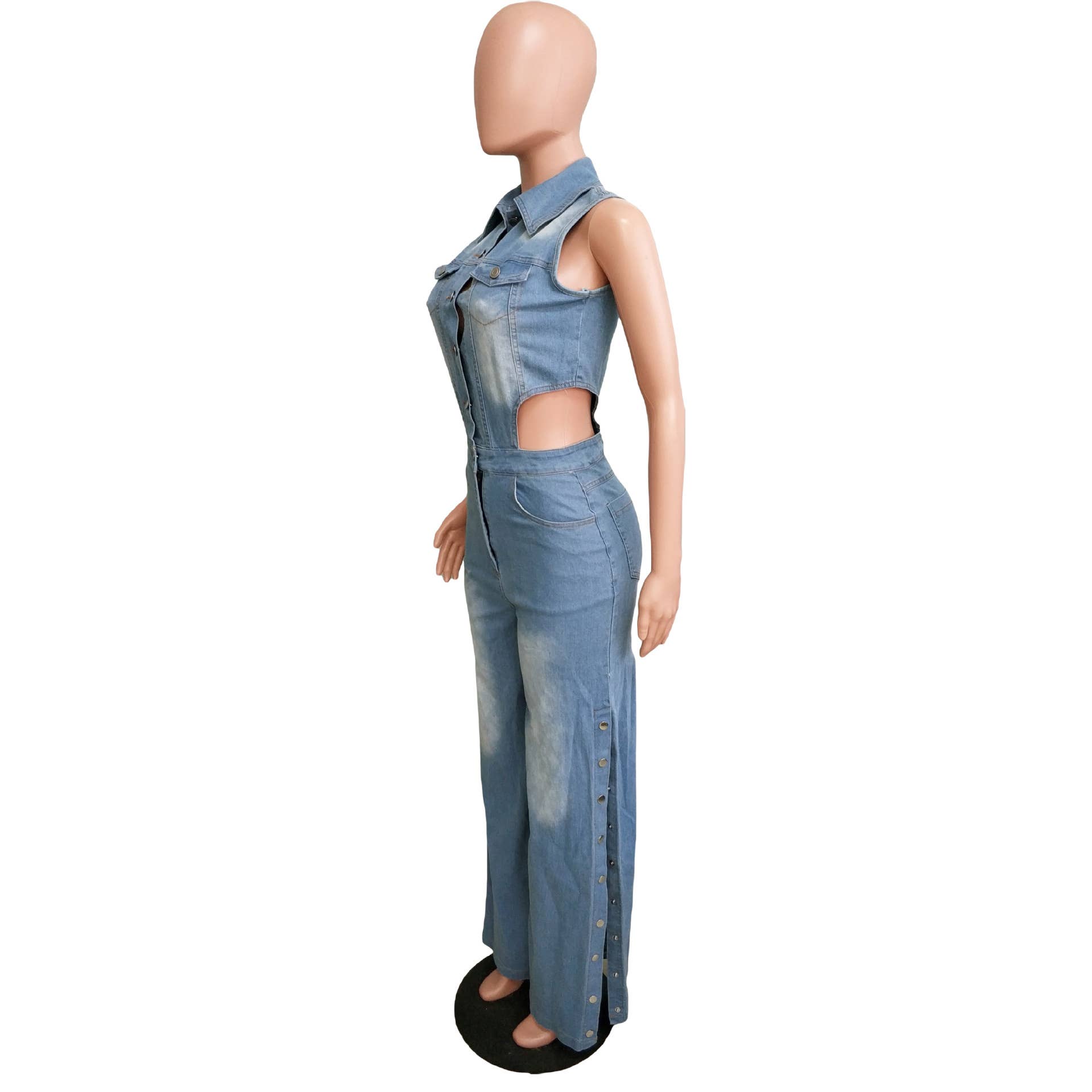 LIGHTBLUE TIGHT WAIST SLIM STRETCH WASH DENIM JUMPSUIT for wholesale on Faire3