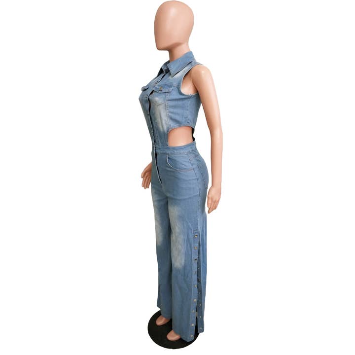 LIGHTBLUE TIGHT WAIST SLIM STRETCH WASH DENIM JUMPSUIT for wholesale on Faire3