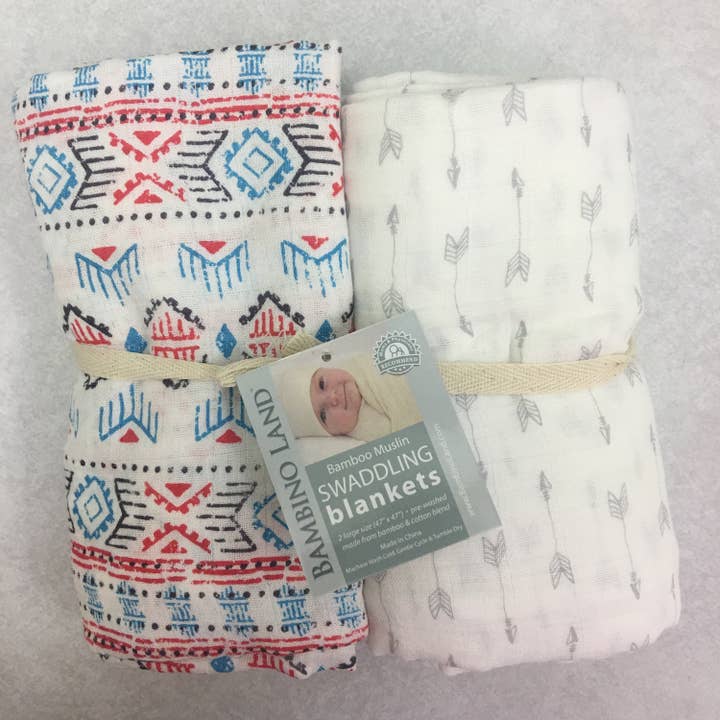 Southwestern & Arrows Muslin Swaddle, confezione da 2, morbida mussola, misto bambù e cotone. Ideale per fasciare, coprire l'allattamento, coperta da viaggio e altro ancora per la vendita all'ingrosso da parte di Bambino Land