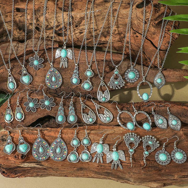Bohemian Turquoise Long Drop Earrings Jewelry Set for wholesale by Halcyon Outfitters®