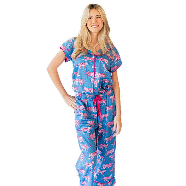 Pink Leopards Luxe Sateen Capri Pajama Set - Blue & Pink for wholesale by Jaye's Studio