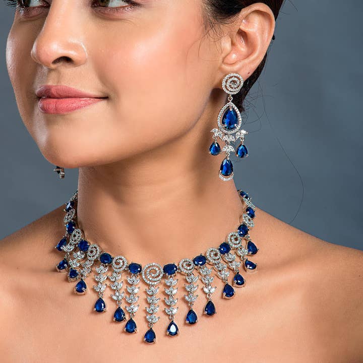 Sapphire Cubic Zirconium Indian Wedding Necklace Set for wholesale by Vastrabhushan