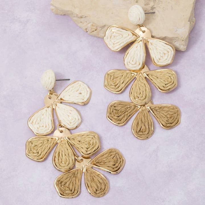 Straw Weave 3 Tone Tiered Petals Dangle Earrings for wholesale by Fame Accessories