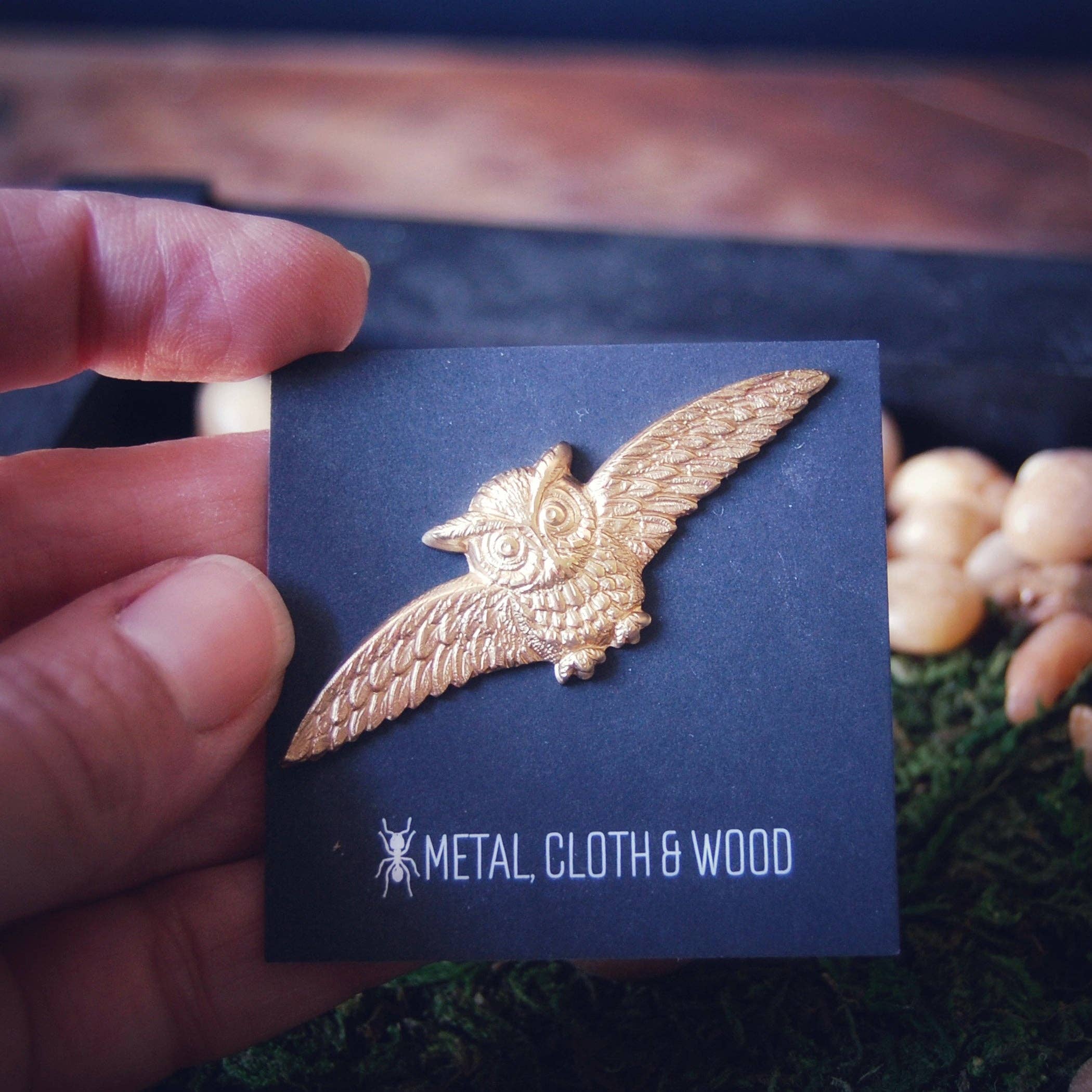 Metal Cloth & Wood - Wholesale Brooch - Golden Horned Owl Brooch Pin in Bright & Antiqued Finishes4