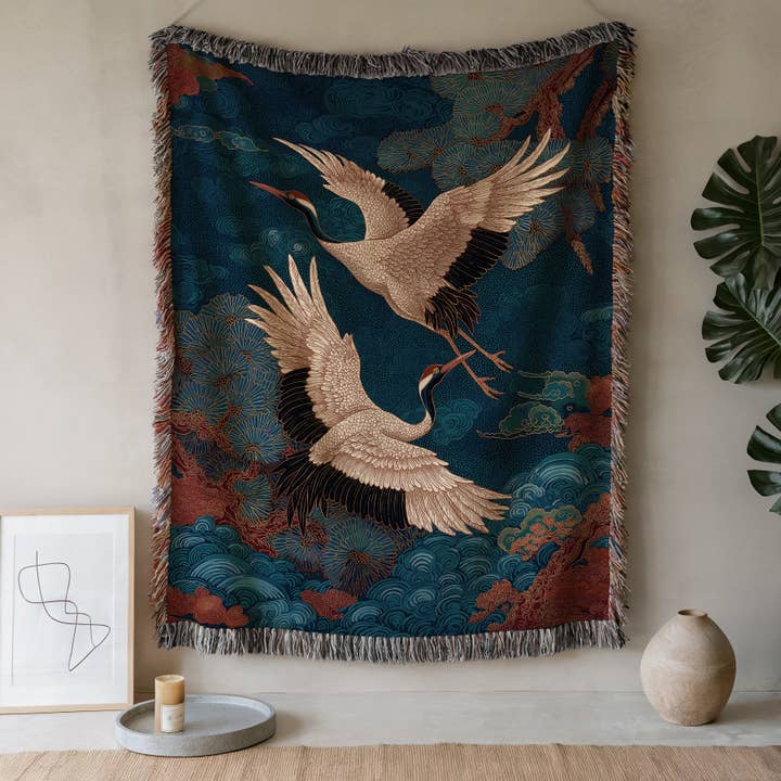 Japanese Crane Woven Blanket – Traditional Asian Bird Throw por atacado de CasaIuliia