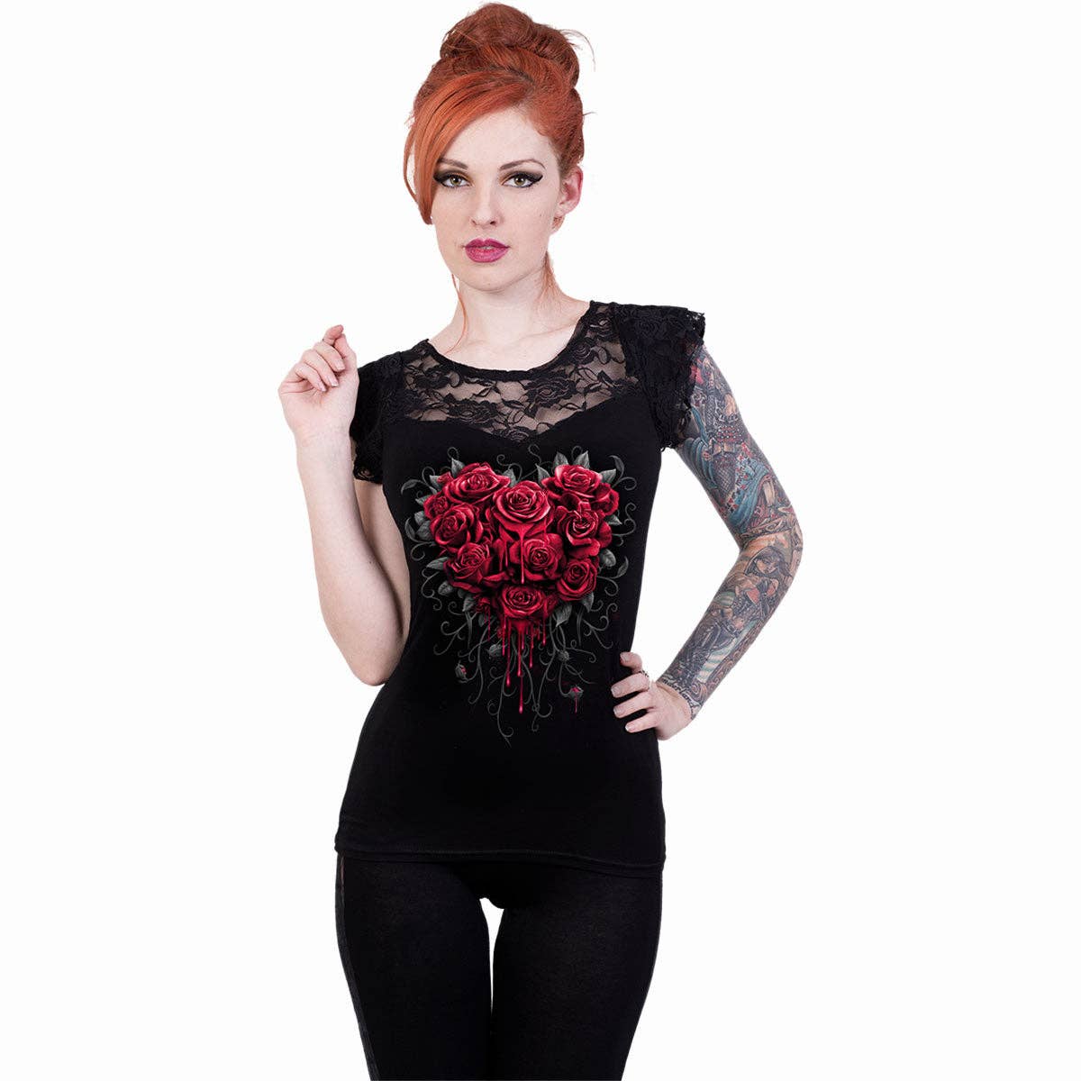 Spiral - Wholesale T-Shirt - Women's - BLEEDING HEART - Lace Layered Cap Sleeve Top Black2