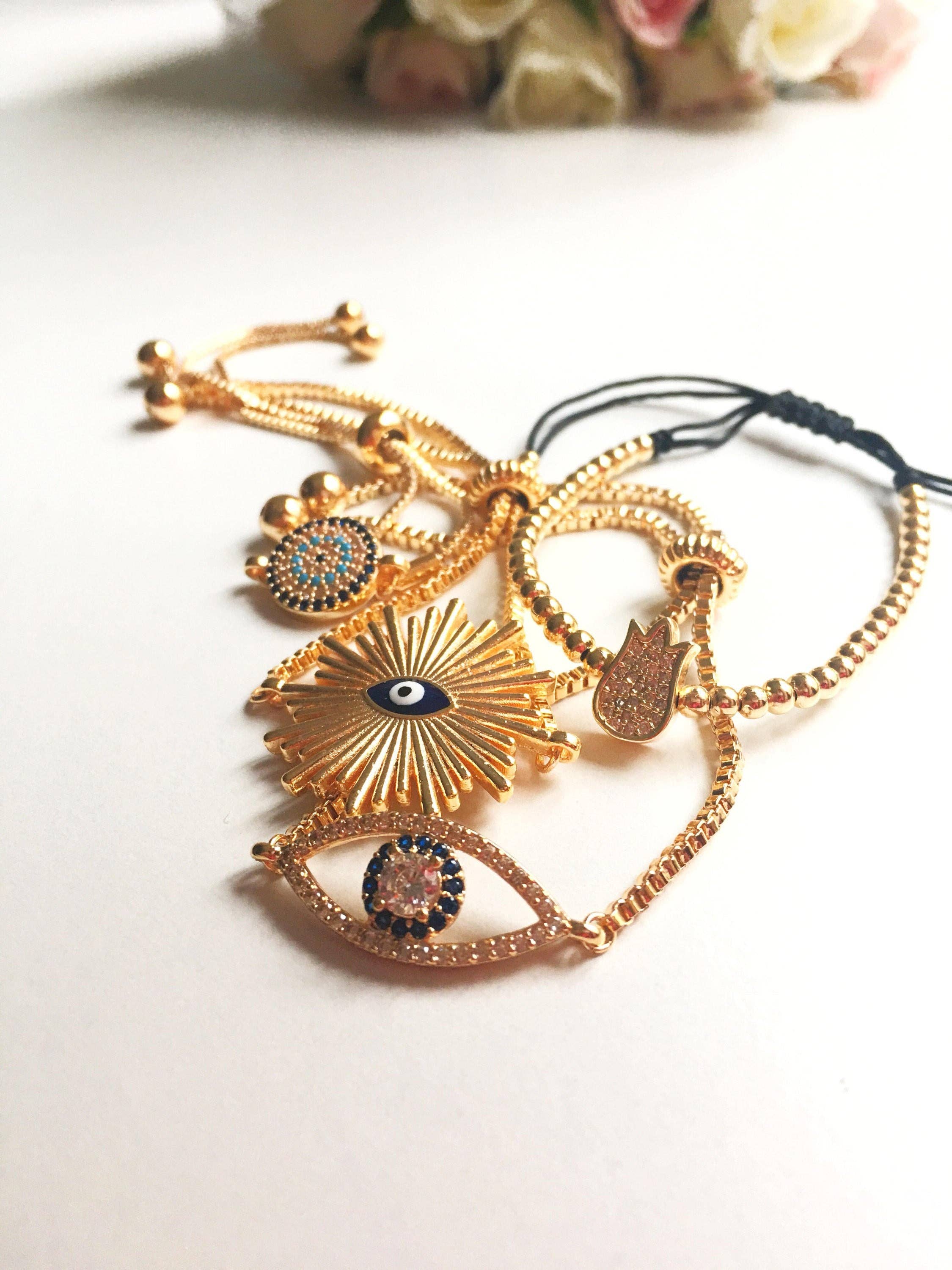 Evileyefavor - Wholesale Charm/Dangle Bracelet - Gold Evil Eye Bracelet, Adjustable Greek Jewelry6