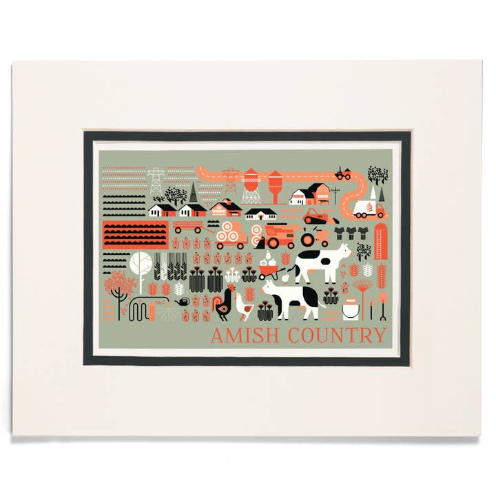 MATTED PRINTS Amish County, Red, Black, White Farm Scene for wholesale by Lantern Press