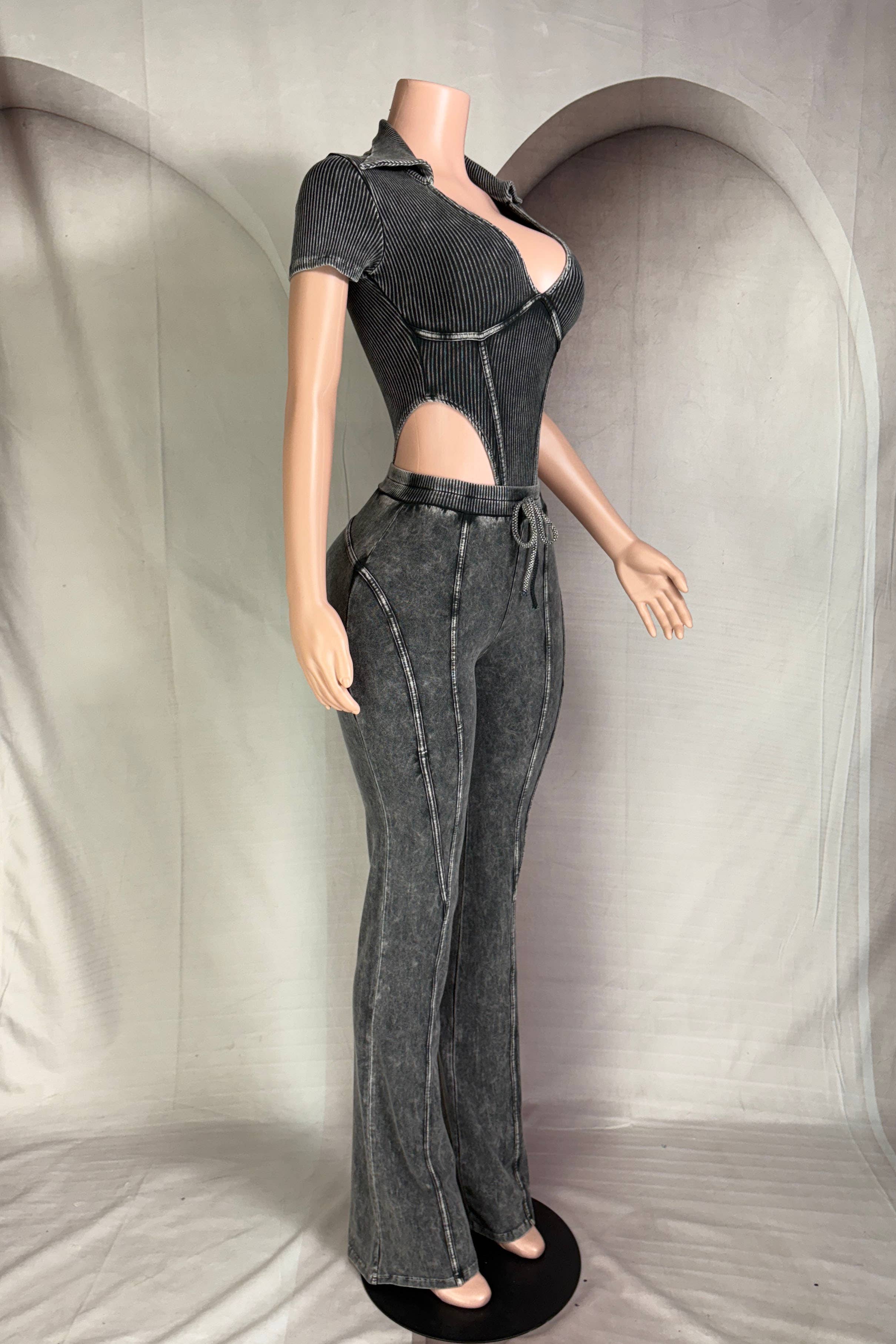 Dalia Studio - Wholesale Top & Pant Set (NOT Loungewear) - Women's - MINERAL WASH DEEP-V COLLARED BODYSUIT & PANT SET1