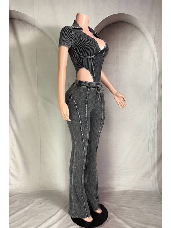 Dalia Studio - Wholesale Top & Pant Set (NOT Loungewear) - Women's - MINERAL WASH DEEP-V COLLARED BODYSUIT & PANT SET1