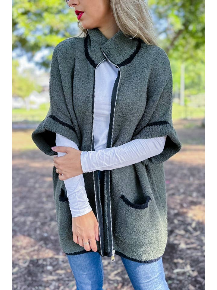 Olive Contemporary Soft Knitted Zip-Up Cozy Pocket Jacket for wholesale on Faire3