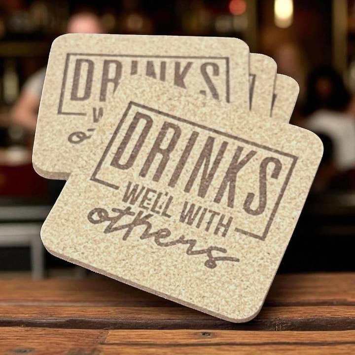 Drinks Well With Others | 4 Pack Cork Coasters for wholesale by Corksee