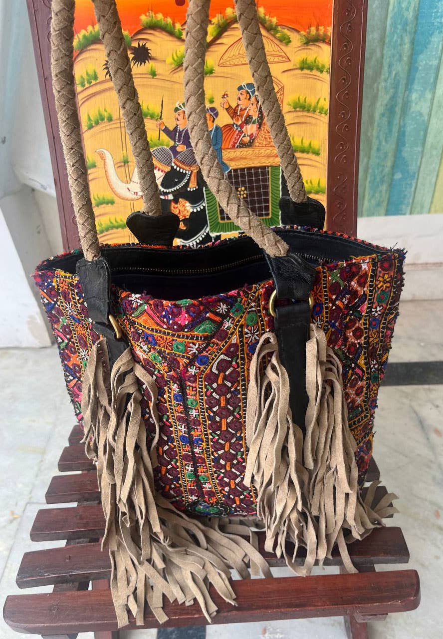 bhavnas boutique - Wholesale Shoulder Bag - Women's - Hippie Bags Embroidery Leather Fringe Shoulder Bag Banjara 1