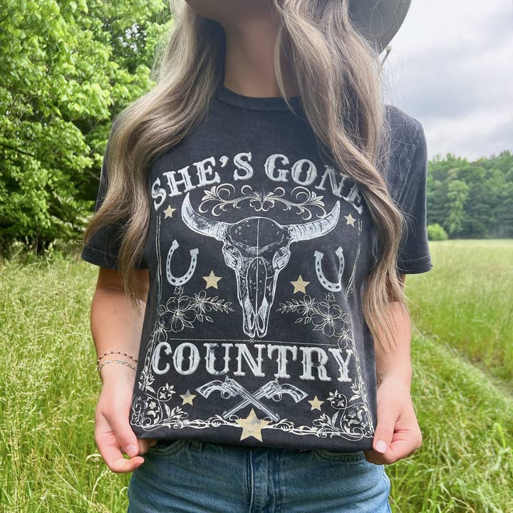 Vintage Wash | She’s Gone Country | Cowgirl Graphic Tshirt for wholesale by The American Honey