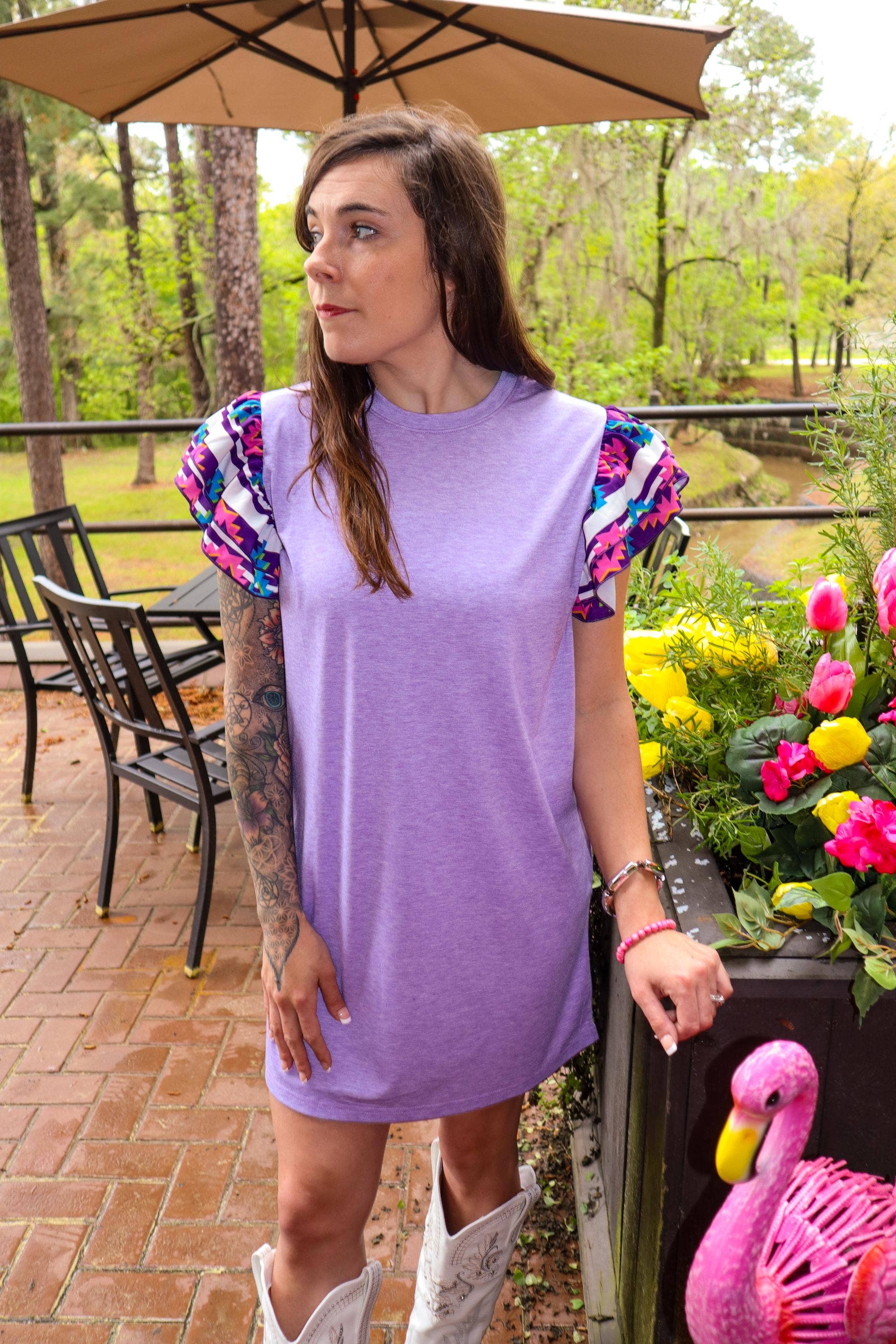 Purple MK346 Arklatex Ruffle Sleeve Tee Dress - Purple/Multi Aztec for wholesale on Faire6