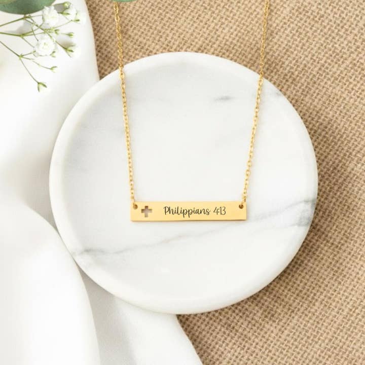 Engraved Religious Bible Verse Gold or Silver Necklace for wholesale by Lilly Belle Paperie