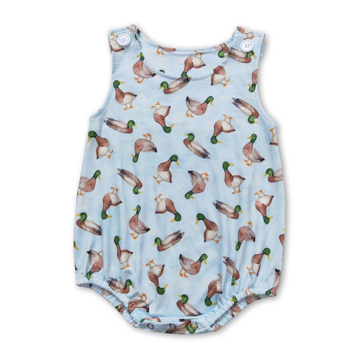 Light blue duck sleeveless baby boys romper for wholesale by Yawoo Garments
