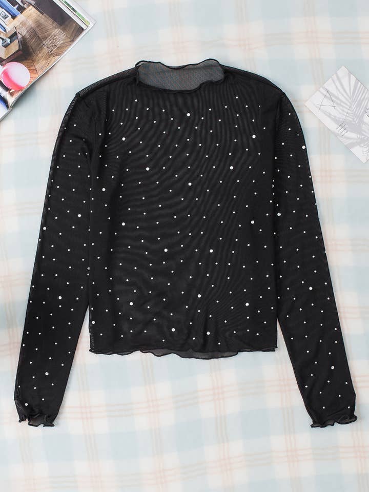 Black Rhinestone Sheer Mesh Slim Fit Long Sleeve Top for wholesale on Faire