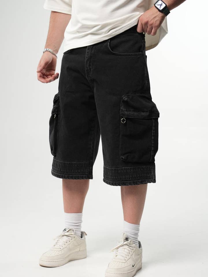Baggy Fit Cargo Gewassen Denim Shorts Zwart voor wholesale door PremiumDenim