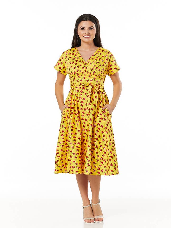 Darcey V Neck Dress Wrap Yellow and roses floral Midi Dress for wholesale by Timeless London