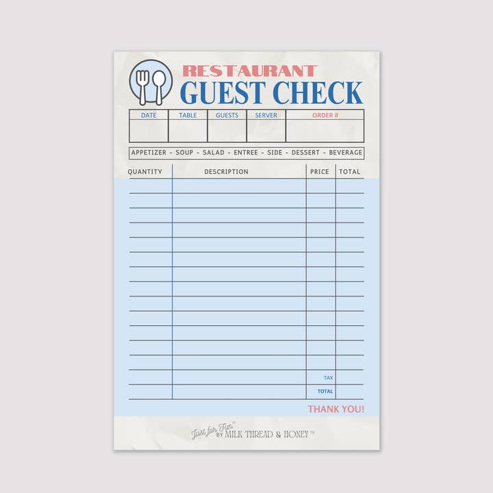 Pretend Play Restaurant Check Notepad for wholesale by Milk Thread and Honey