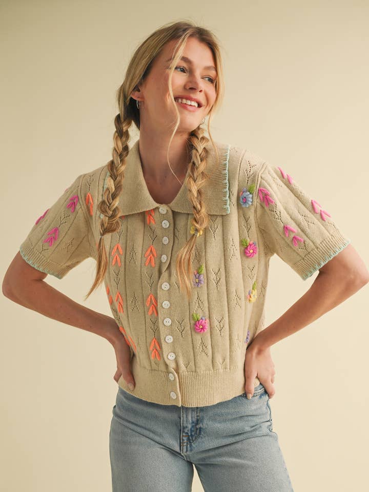 &MERCI - Wholesale Knit Sweater - Women's - HAND EMBROIDERED SHORT SLV BUTTON DOWN SWEATER MSW109531
