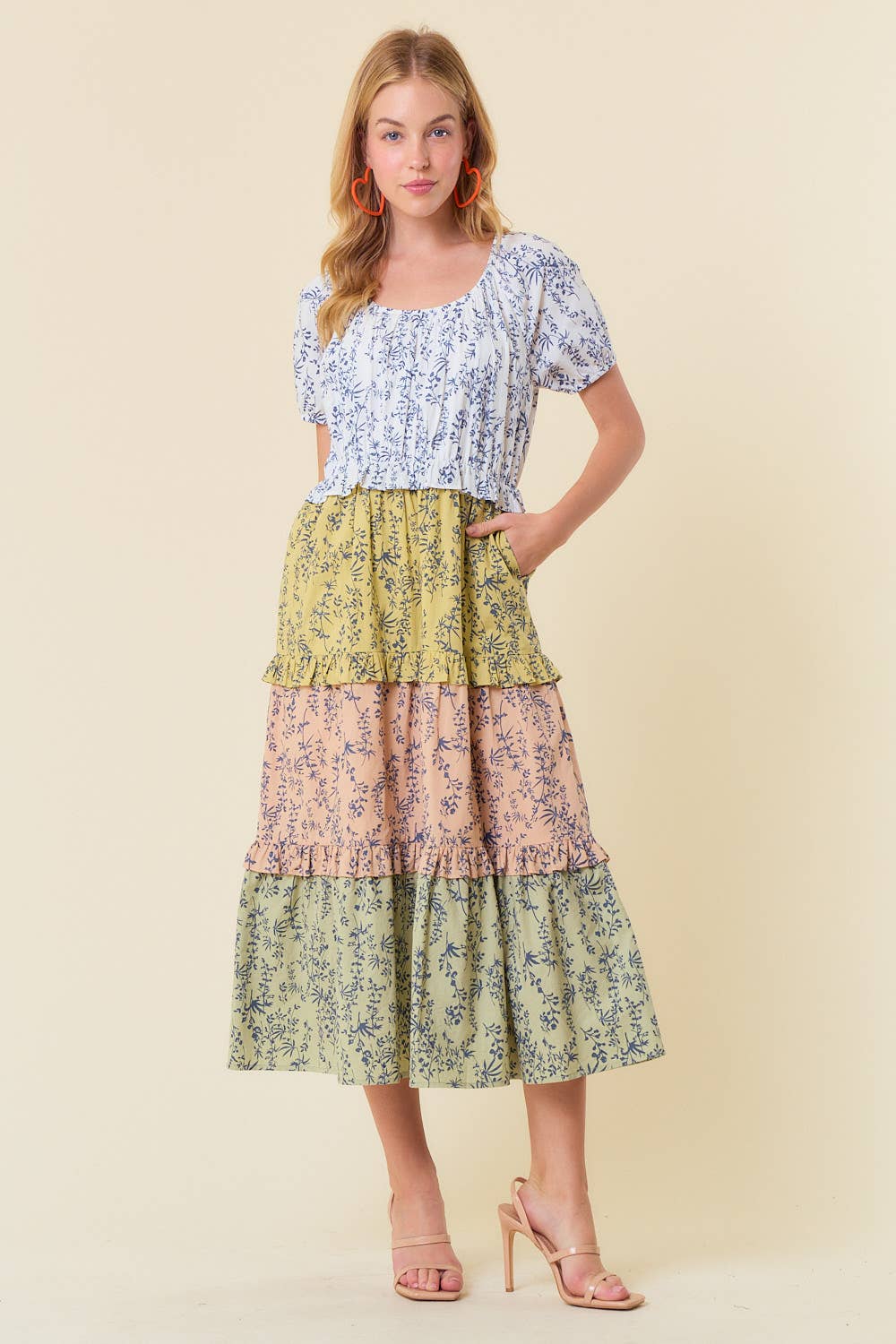 Off White Sage Mix FLORAL PRINT SHORT SLEEVE COLOR BLOCK MIDI DRESS - 27593D for wholesale on Faire1