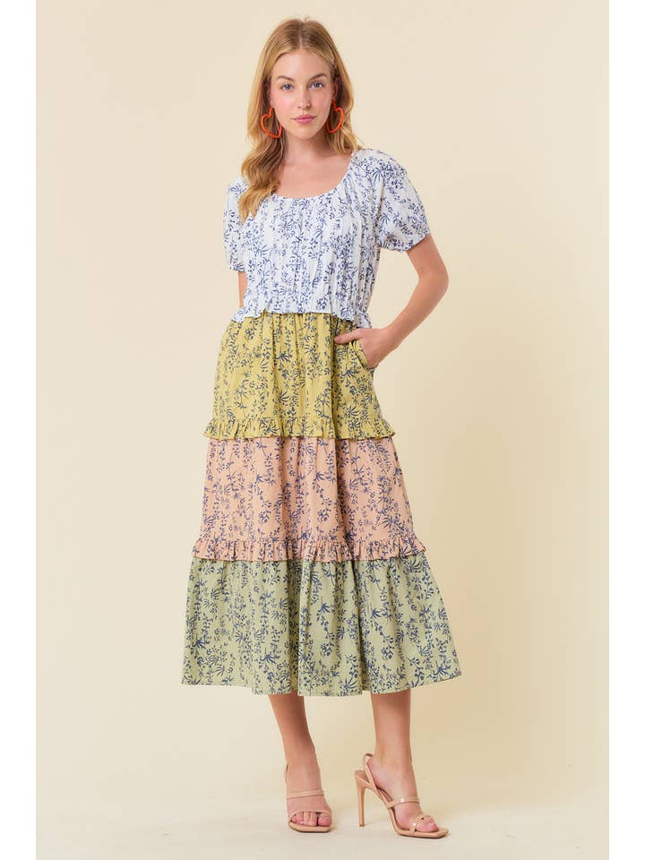 Off White Sage Mix FLORAL PRINT SHORT SLEEVE COLOR BLOCK MIDI DRESS - 27593D for wholesale on Faire1