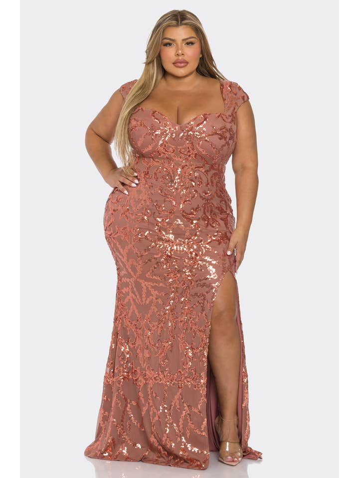 RICARICA INC. - Wholesale Gown - Women's - P2140P1- PLUS SIZE CAP SLEEVE SEQUIN MAXI DRESS-OPEN SIZING