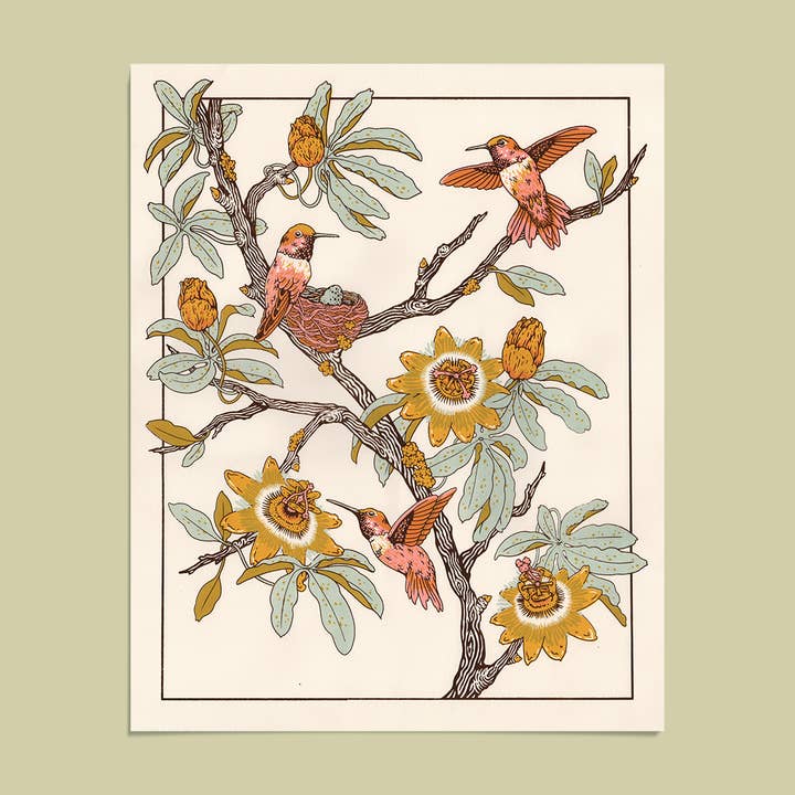Hummingbirds + Passionflowers 16x20" Giclee Print for wholesale by Mustard Beetle