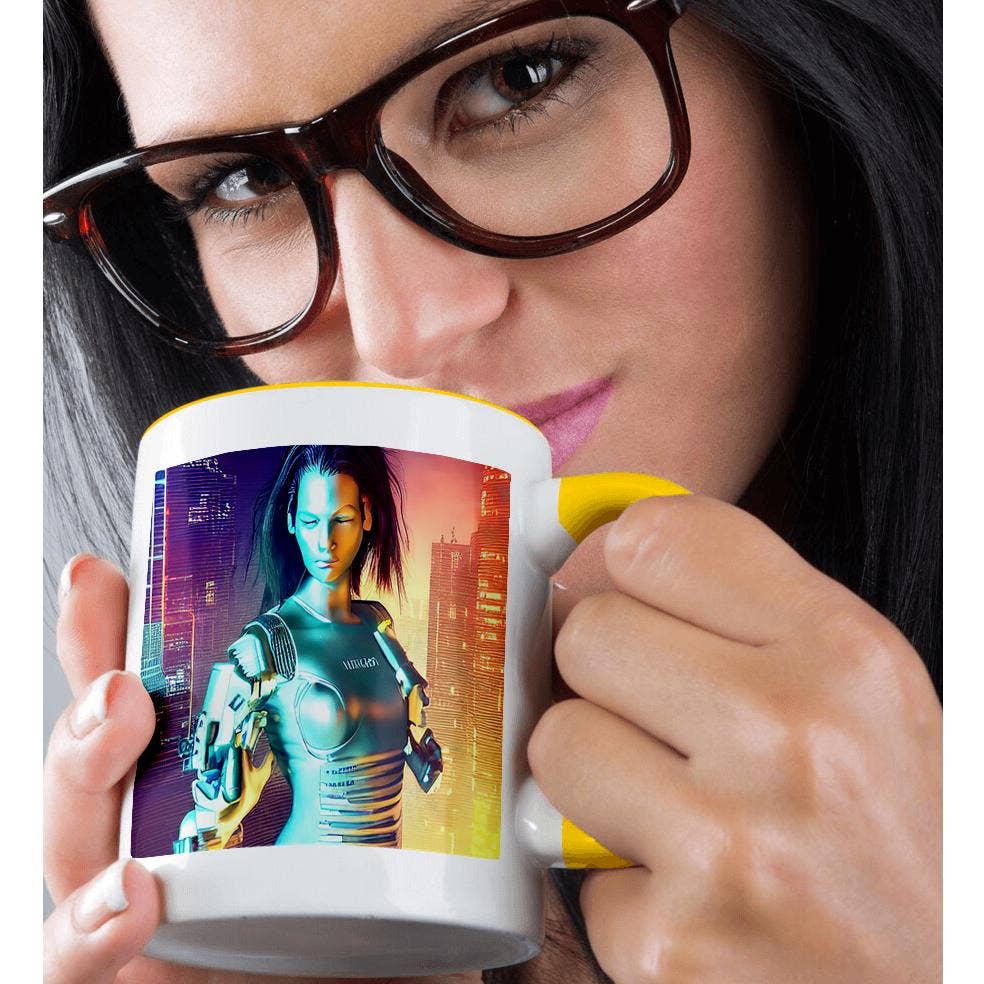 3dRose - Wholesale Coffee Mug - 3dRose, Fantastic brunette woman cyborg in a green suit. Night illumination, Mug1